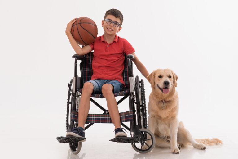 Boy sitting in wheelchair holding a basketball with a dog