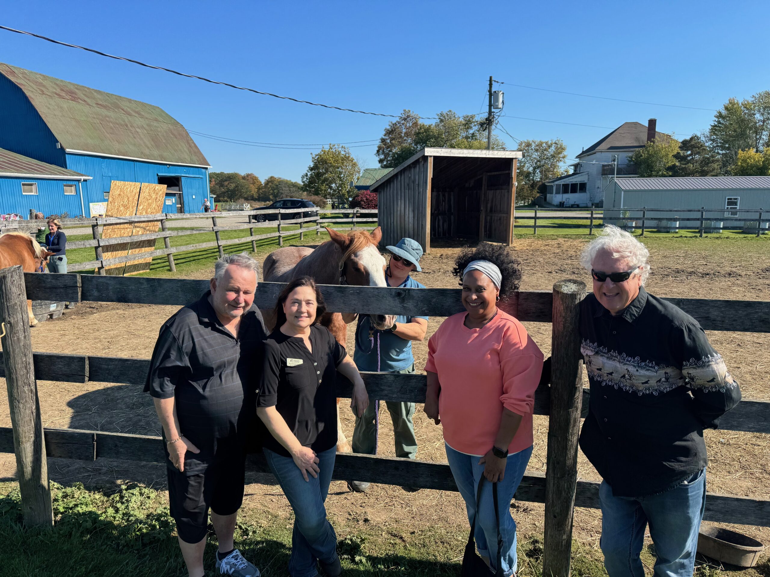 HDSDC members standing by a paddock with two horses